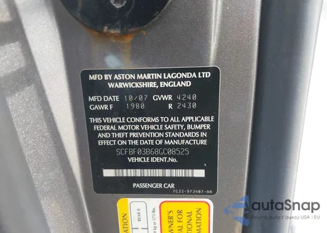 2008 Aston Martin V8 Vantage z USA, uszkodzony, nr VIN SCFBF03B68GC08525